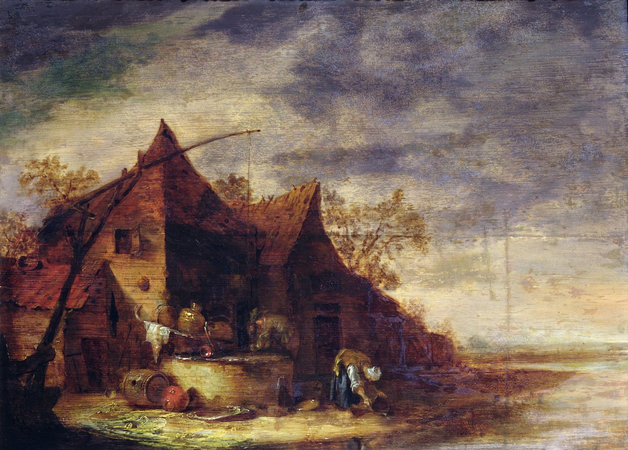 Kvinde foran et sommerhus swed av Egbert van der Poel