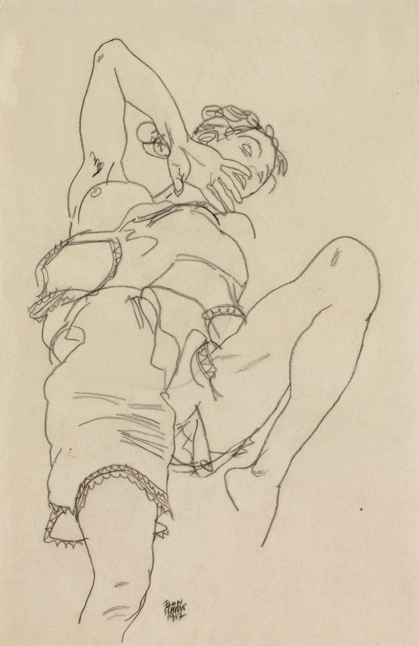 Frau in Unterwäsche, sich rückwärts lehnend av Egon Schiele