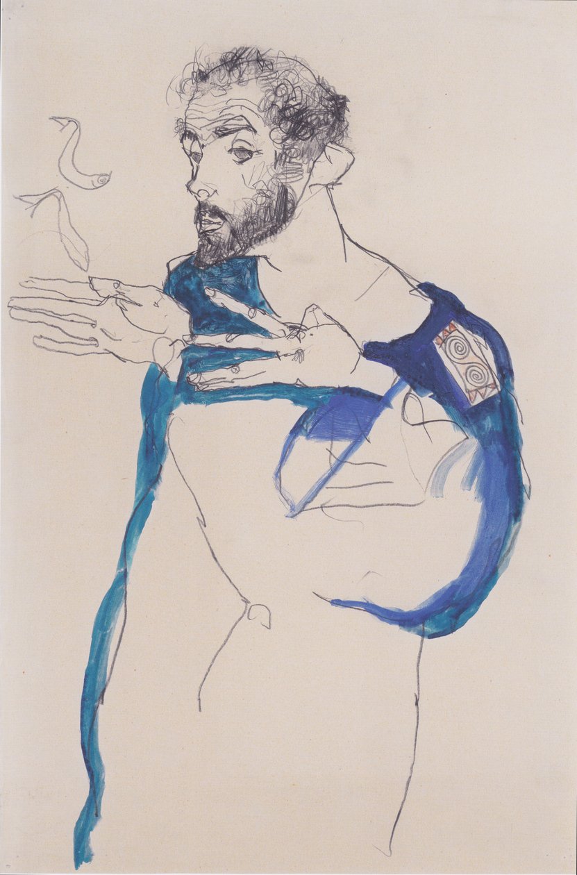 Gustav Klimt i en blå målarklocka av Egon Schiele