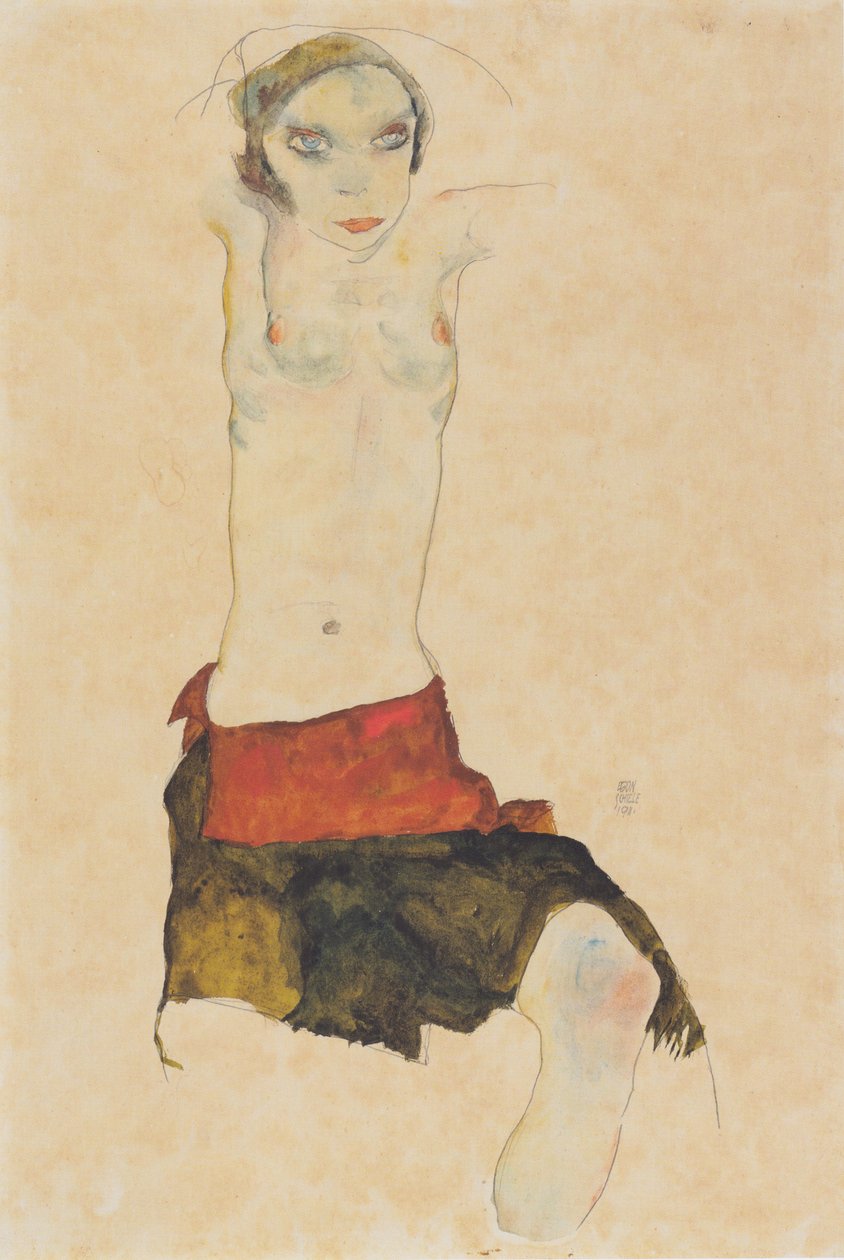 Halvnaken sittande tjej av Egon Schiele