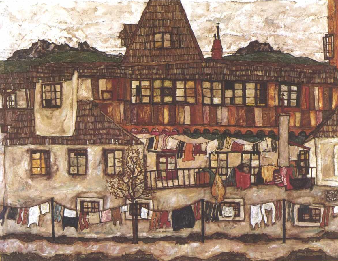 Haus mit trocknender Wäsche av Egon Schiele