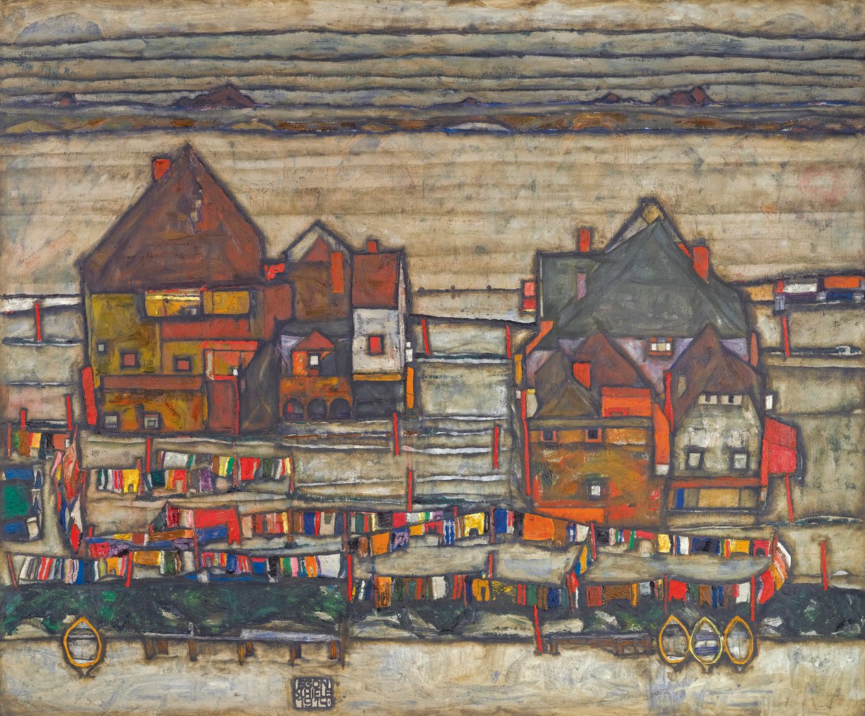 Häuser mit bunter Wäsche av Egon Schiele