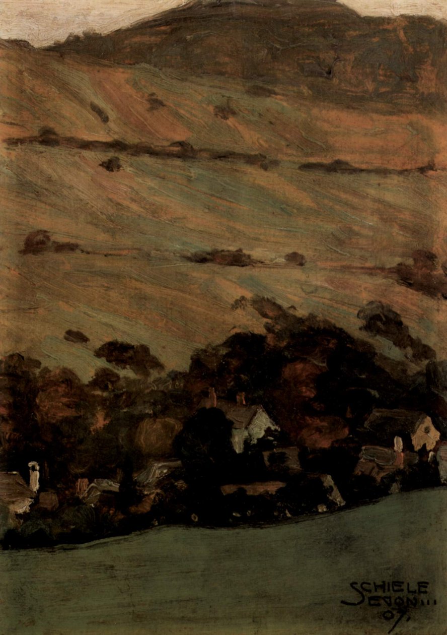 Häuser vor Berghang av Egon Schiele