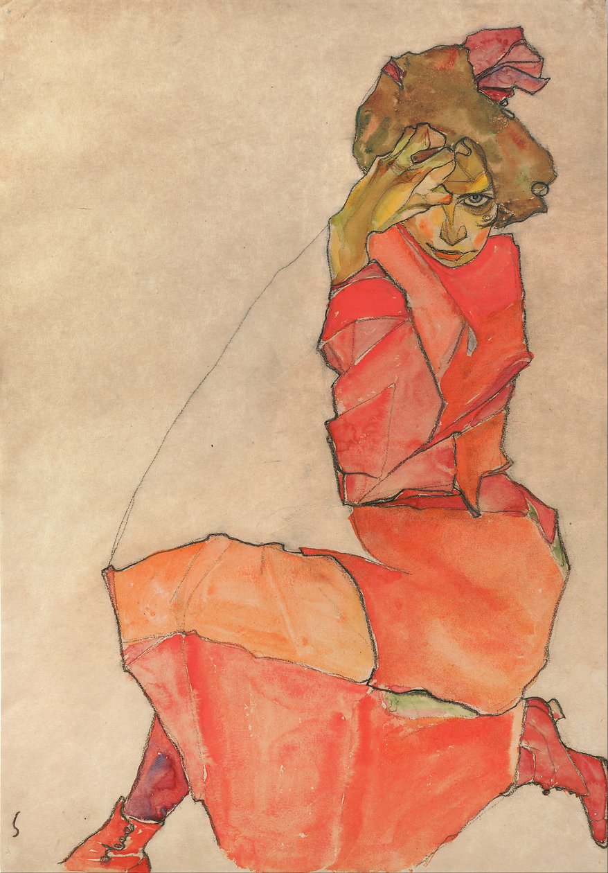 Kneeling Female in Orange-Red Dress av Egon Schiele