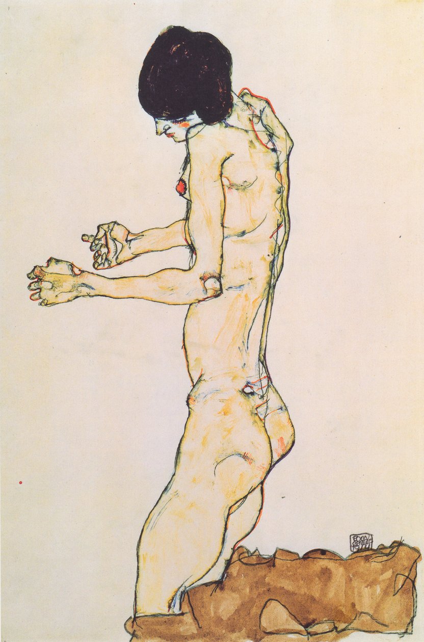 Knänande kvinnlig naken med utsträckta armar av Egon Schiele