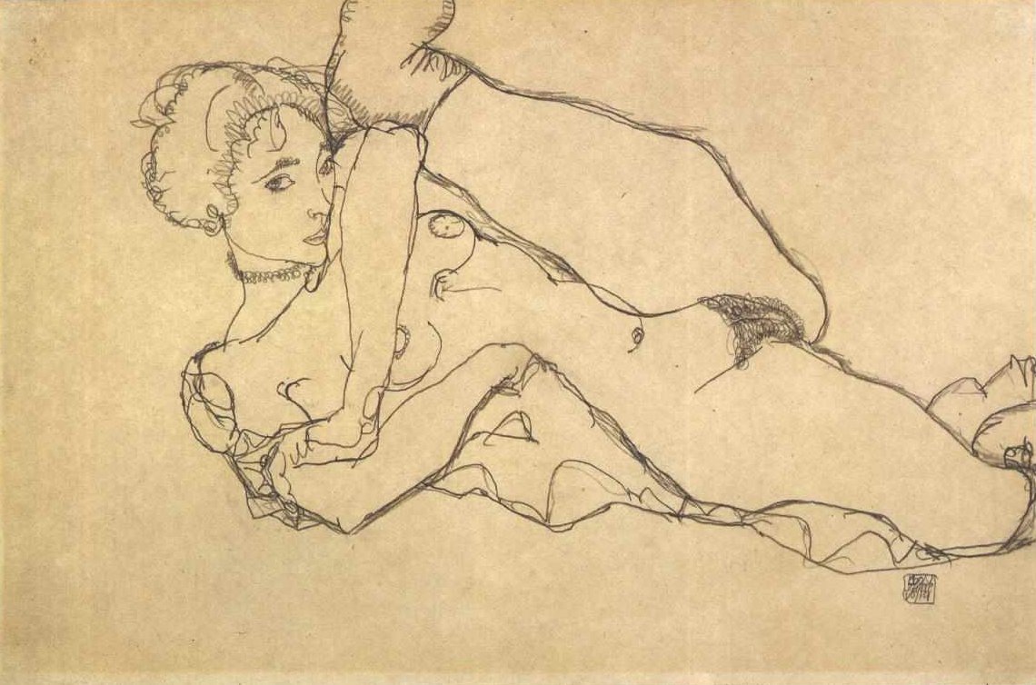 Liegender Akt mit angezogenen linken Bein av Egon Schiele