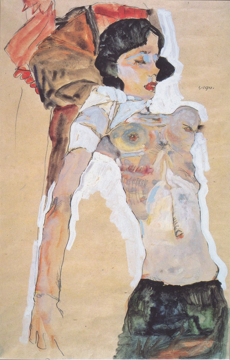 Liggande, träklädd tjej av Egon Schiele