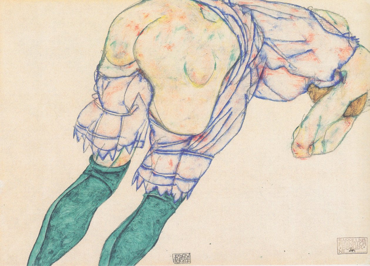 Flicka med gröna strumpor av Egon Schiele