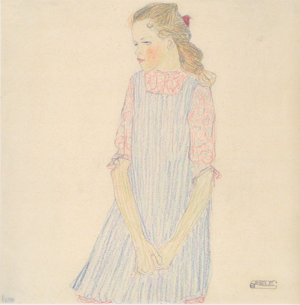 Flicka med rött nät av Egon Schiele