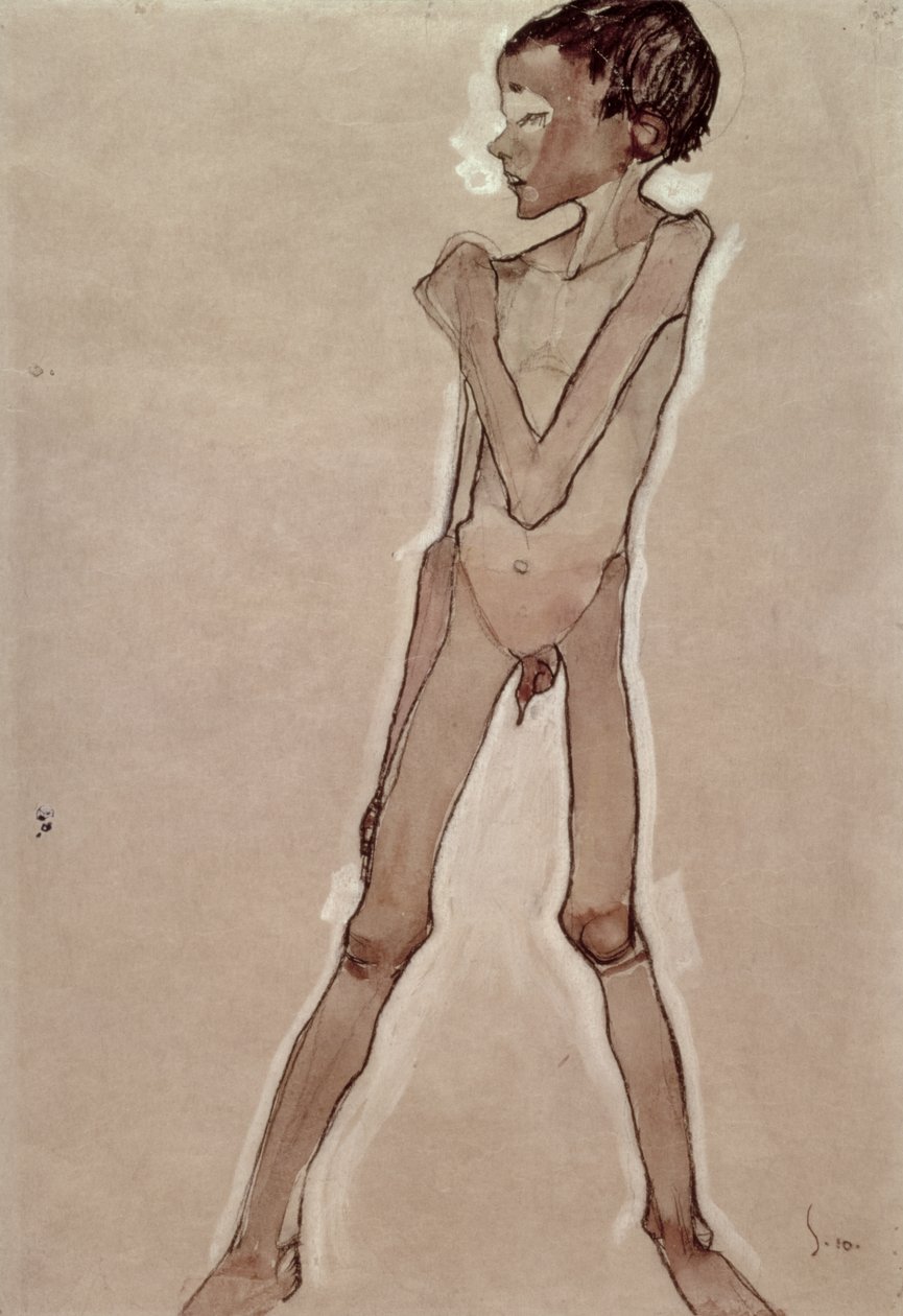 Naken pojke står av Egon Schiele