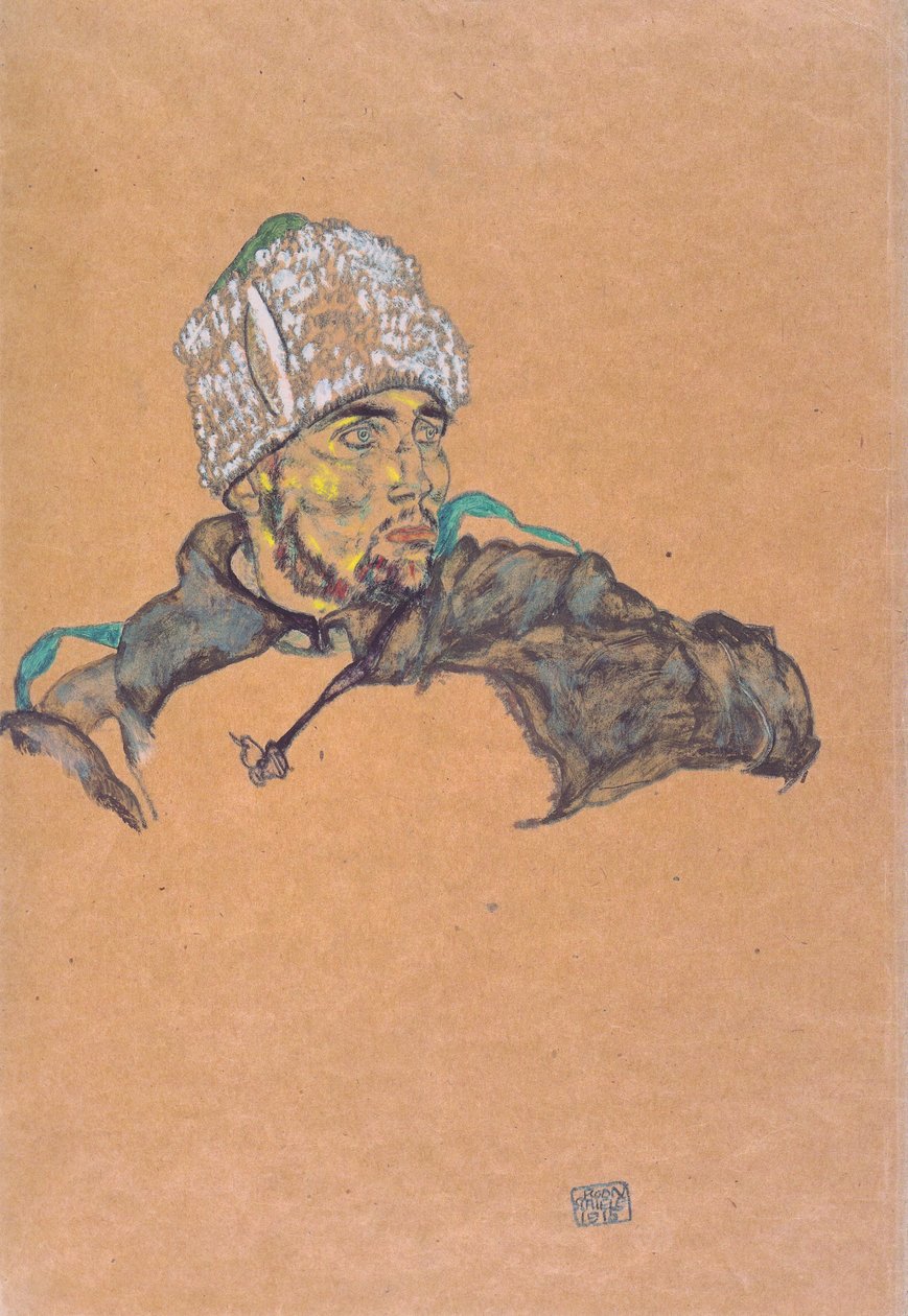 Rysk krigsfånge med pälsmössa av Egon Schiele