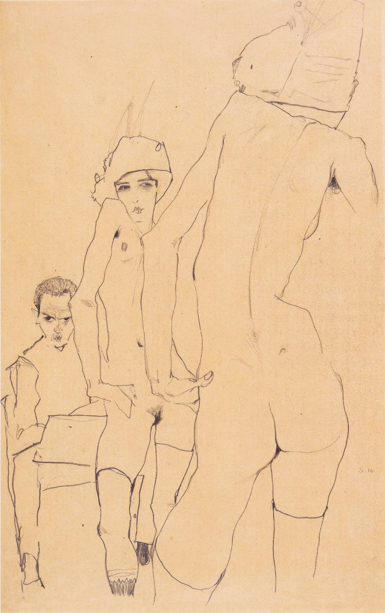 Schiele med en nakenmodell framför spegeln av Egon Schiele