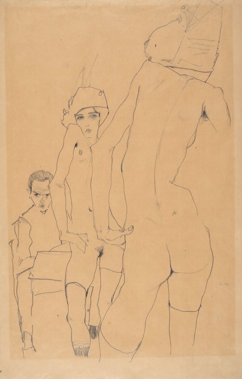 Schiele med nakenmodell före spegeln, 1910 av Egon Schiele