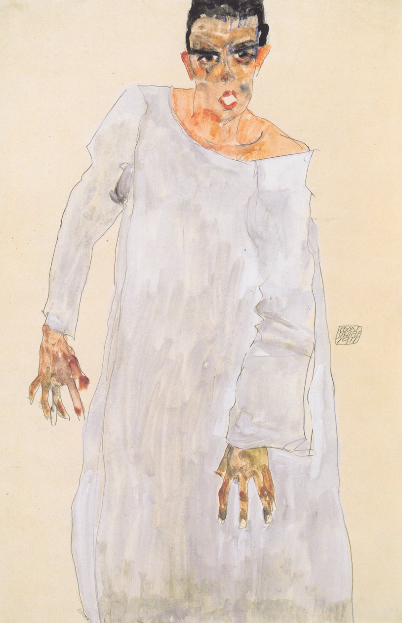 Självporträtt i en vit mantel av Egon Schiele