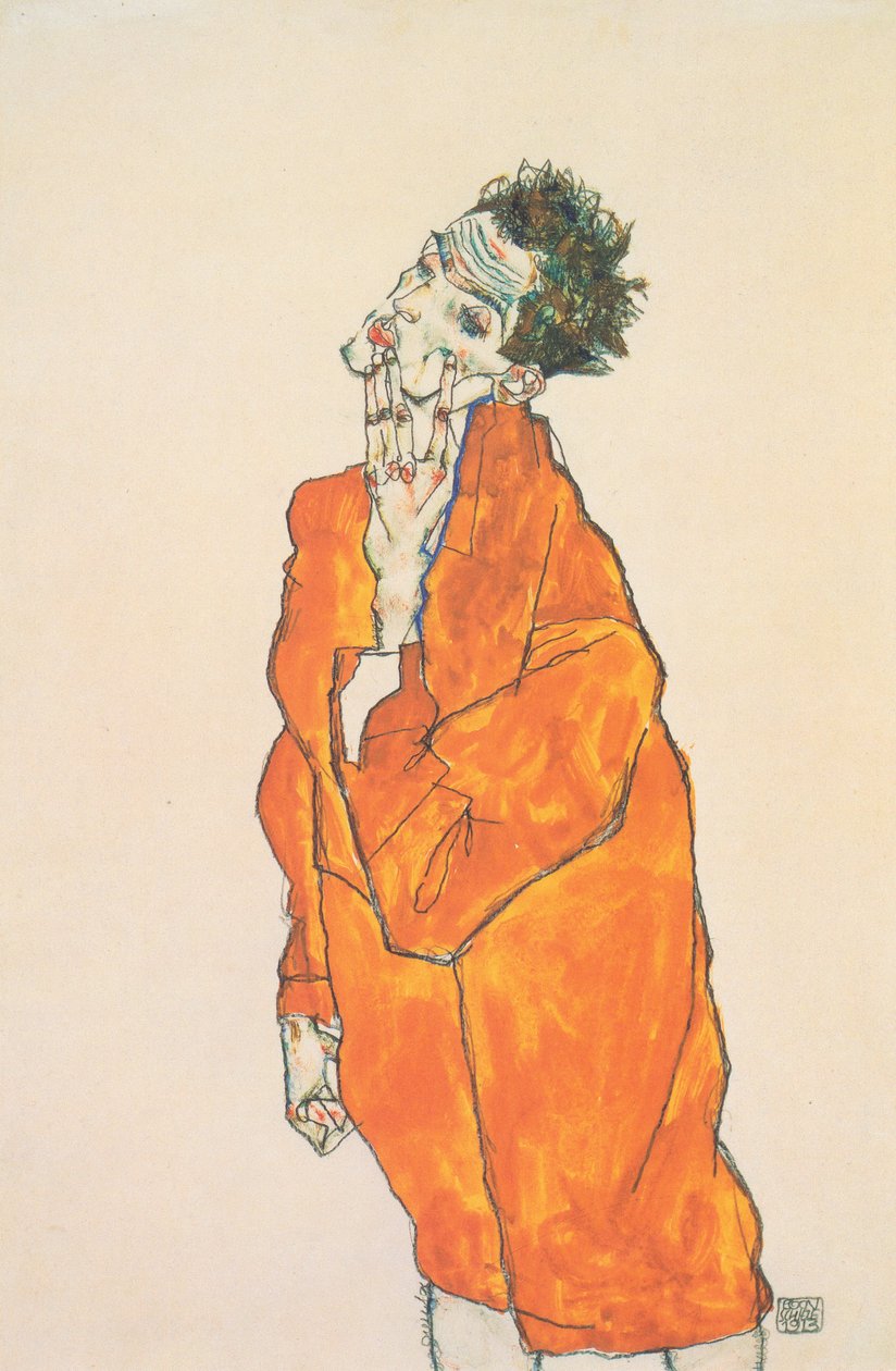 Självporträtt i en orange jacka av Egon Schiele