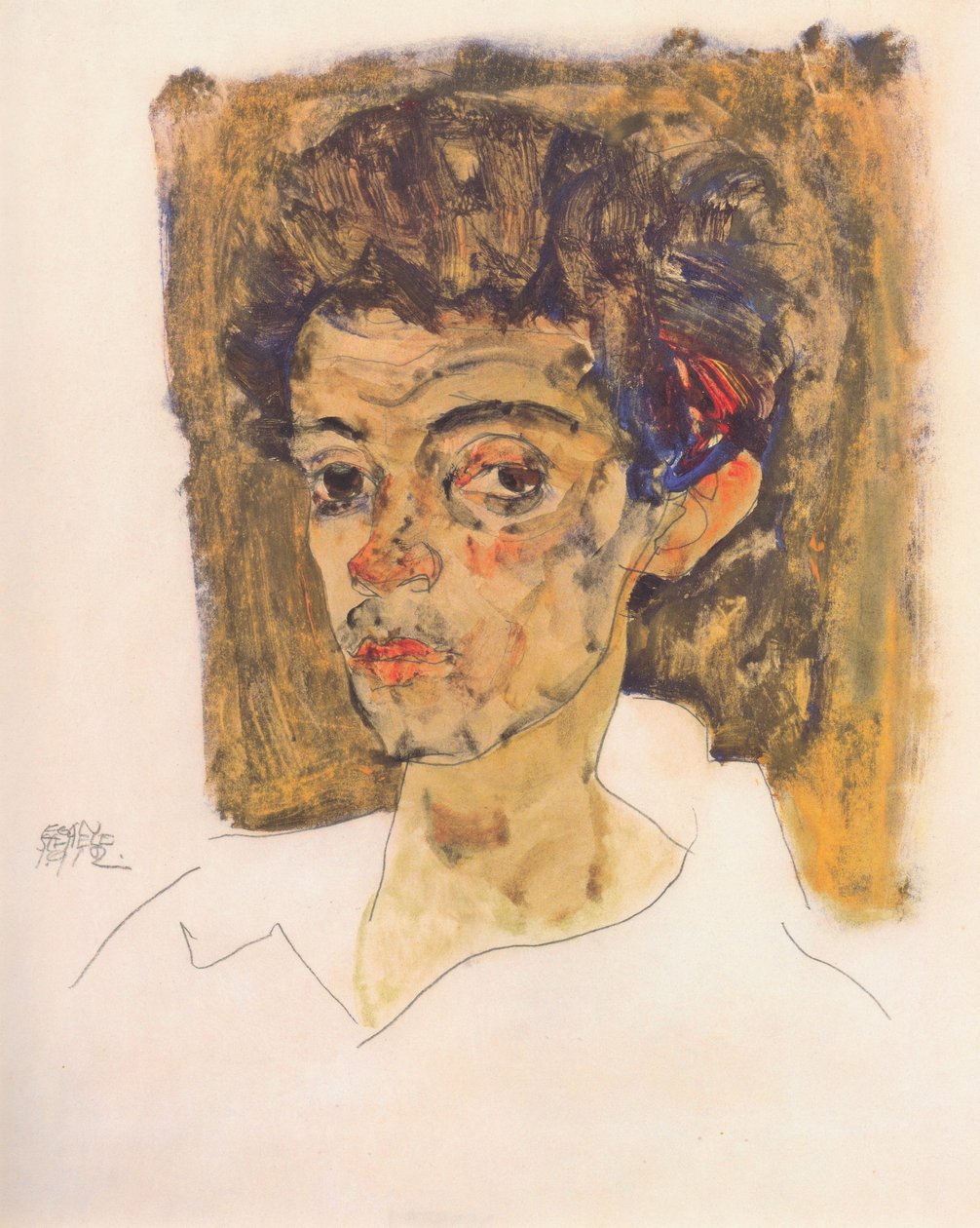 Självporträtt mot en brun bakgrund av Egon Schiele