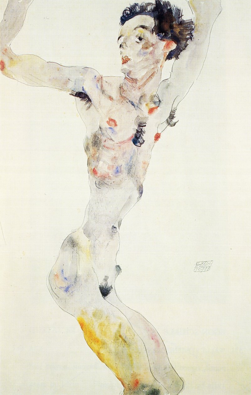Självporträtt, 1911 (penna och wc på papper) av Egon Schiele