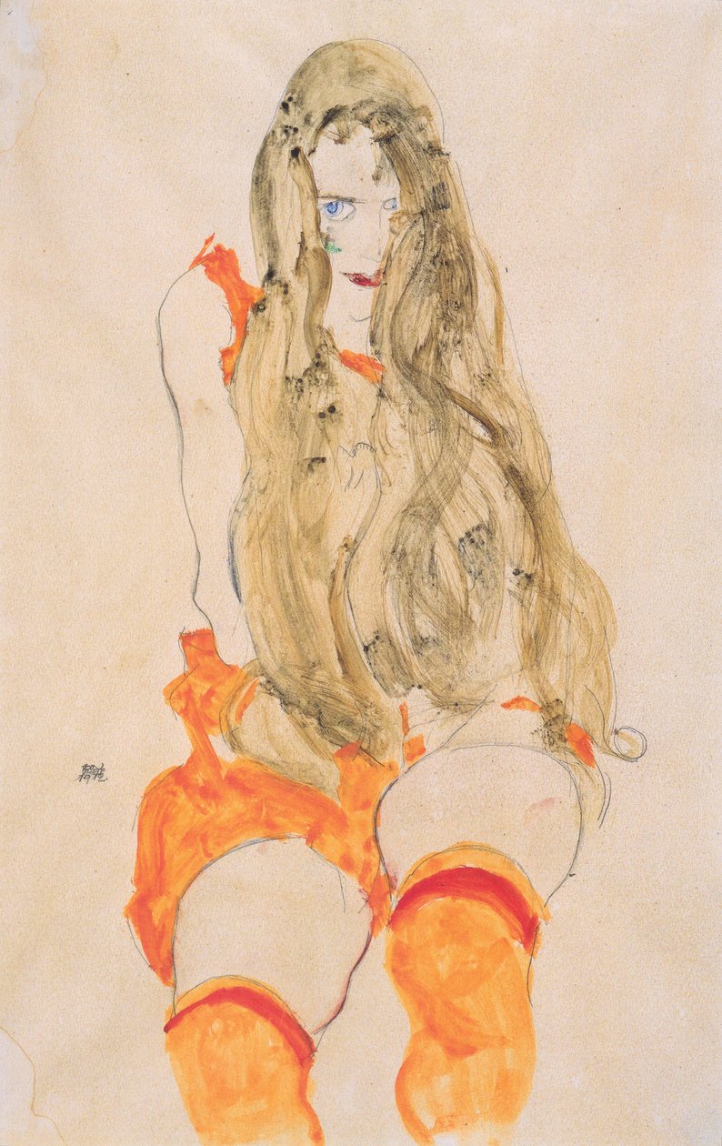 Sittande tjej med fallande hår av Egon Schiele