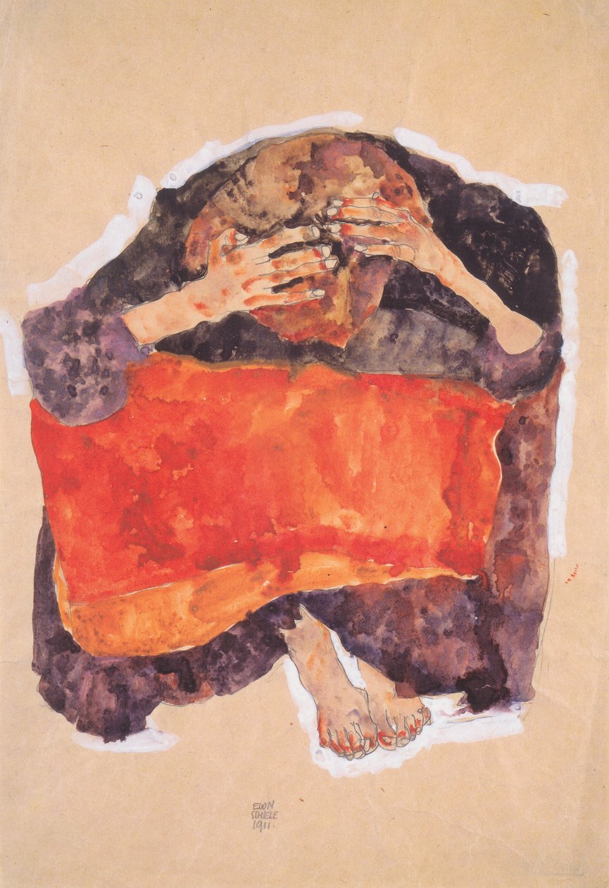 Sittande tjej med böjt huvud av Egon Schiele