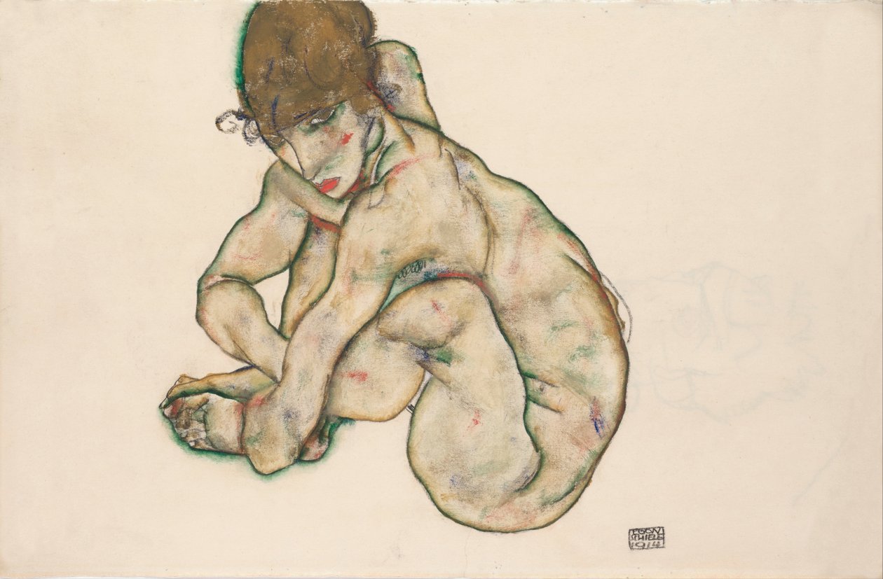 Hukande naken flicka, 1914 av Egon Schiele