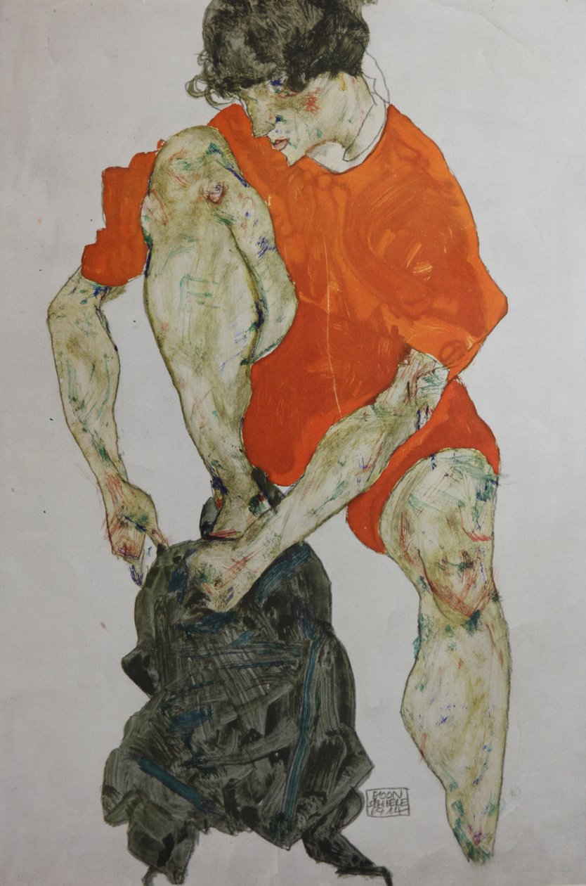 Kvinnlig modell i röd dräkt, 1914. av Egon Schiele