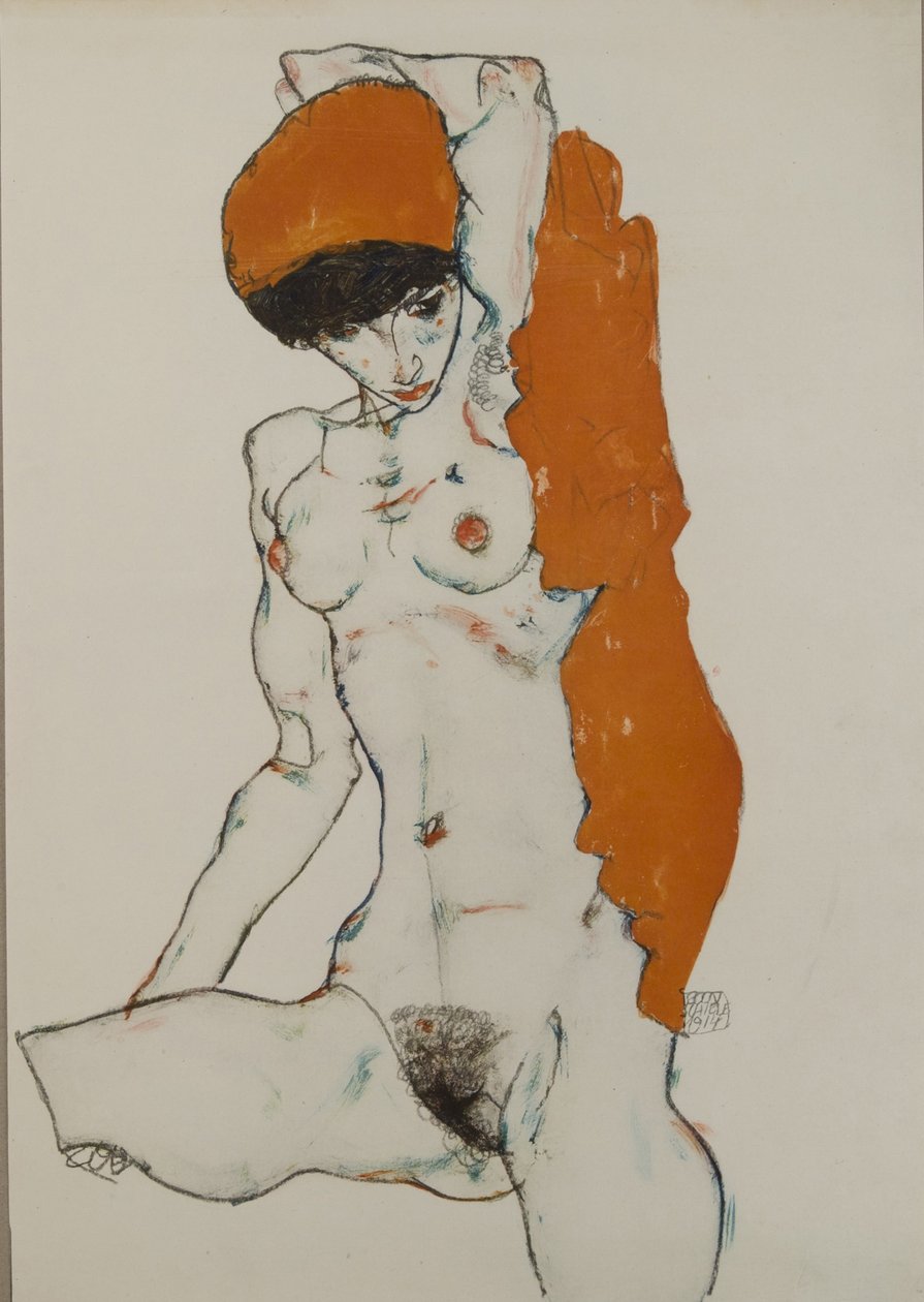 Naken kvinna med orangerött tyg, 1914 av Egon Schiele