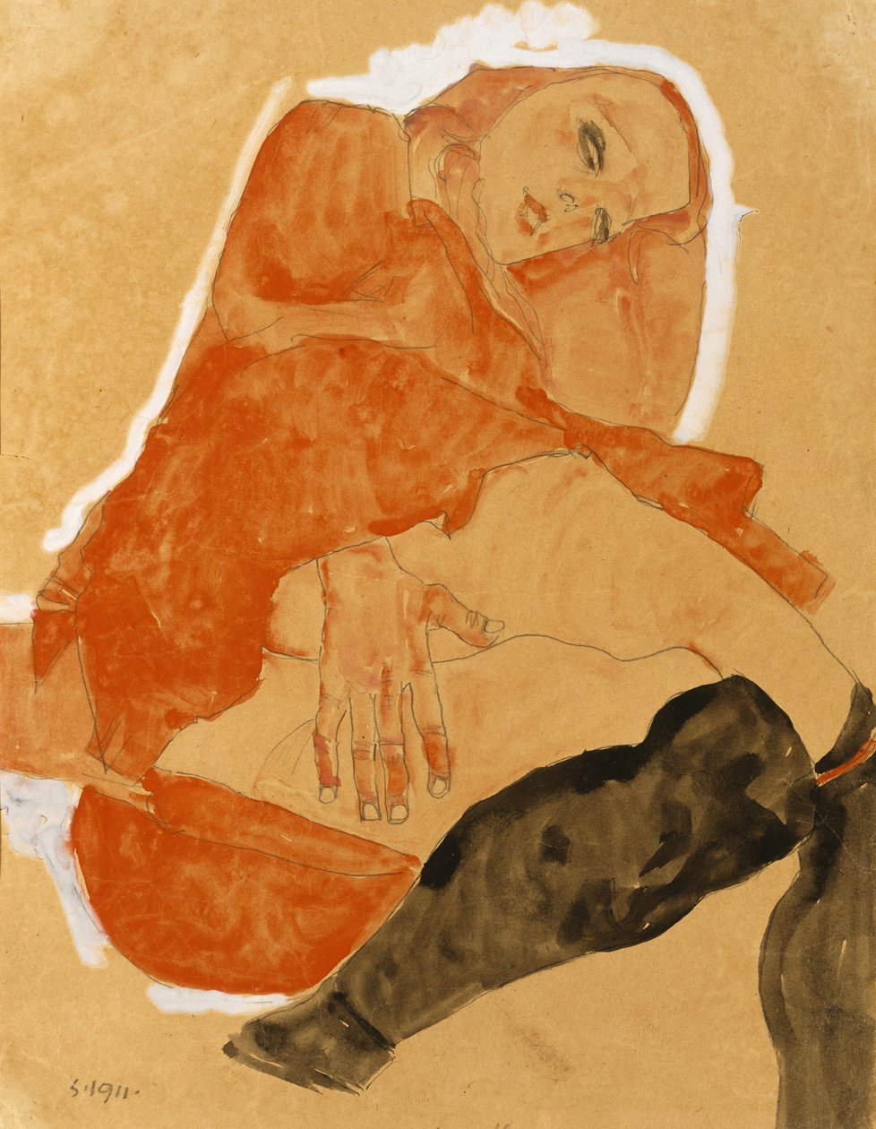 Flicka i röd mantel och svarta strumpor av Egon Schiele