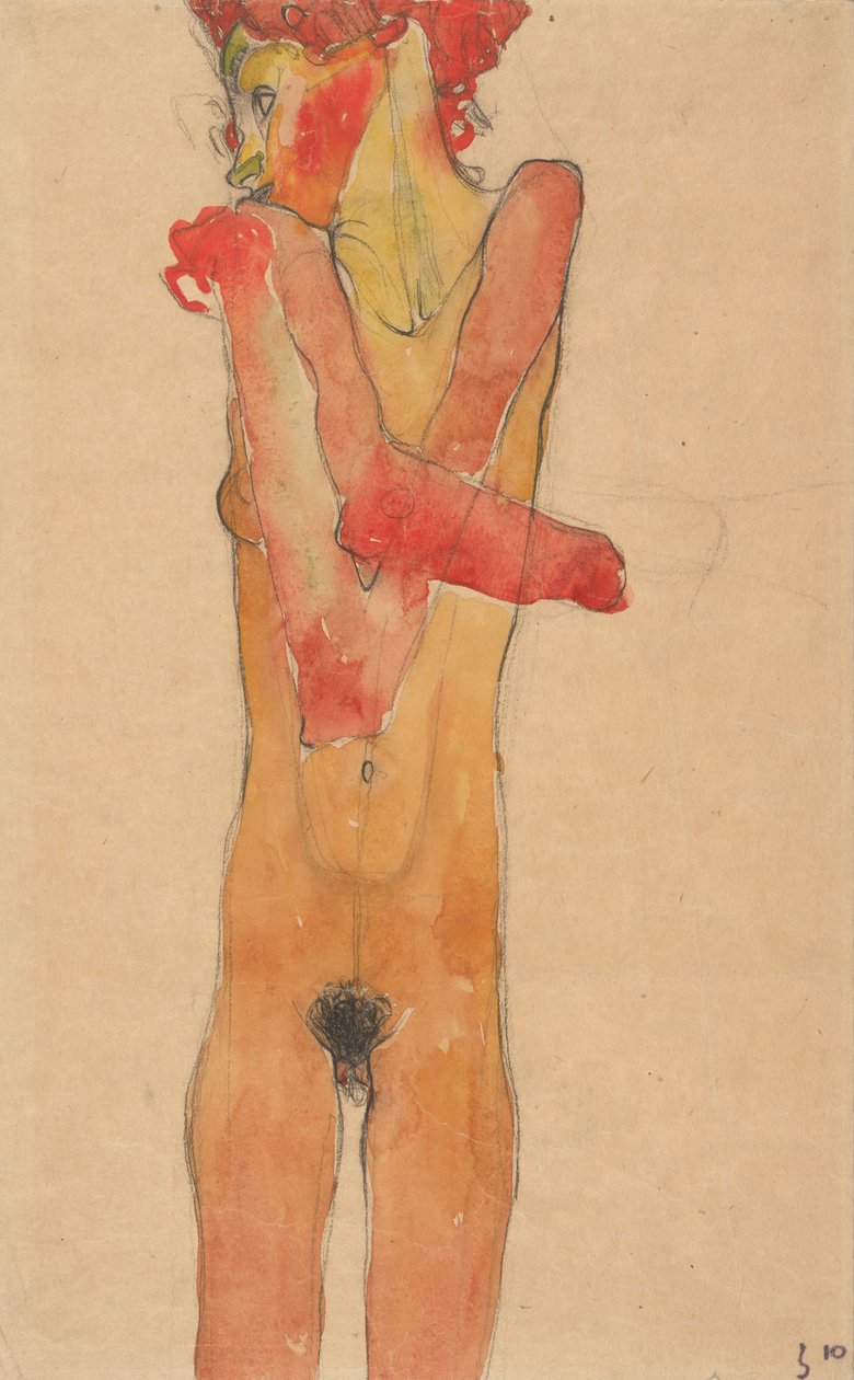 Naken flicka med korsade armar, 1910 av Egon Schiele