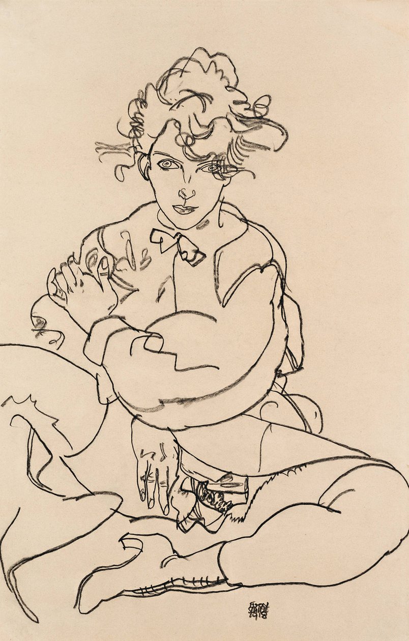 Flicka som sitter med spridda ben, 1918 av Egon Schiele