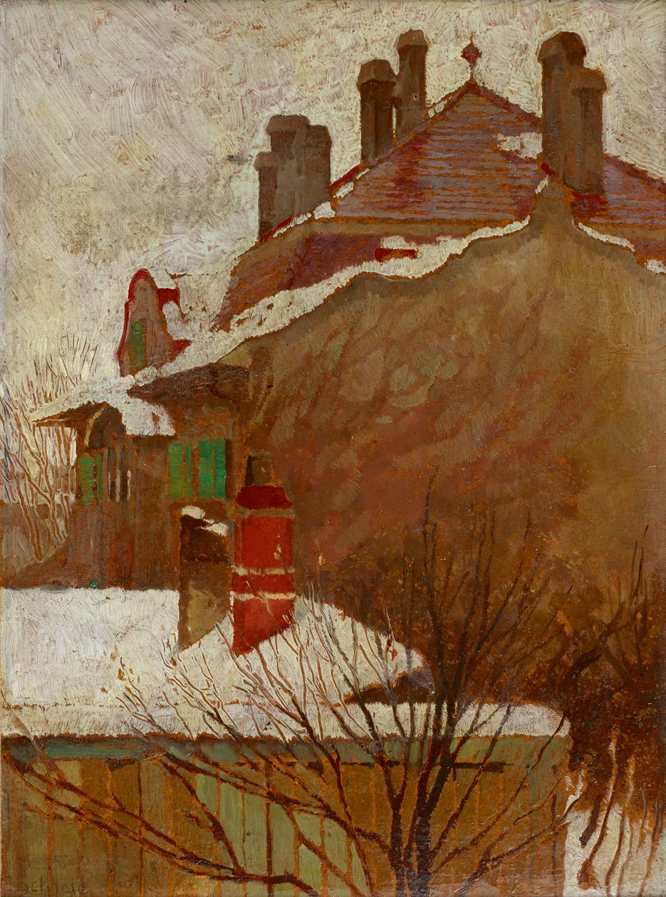 Hus på vintern (vy från studion) av Egon Schiele