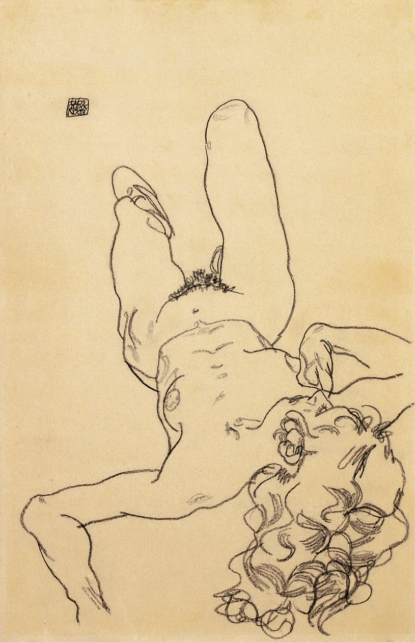 Knästående kvinnlig naken, 1917 av Egon Schiele