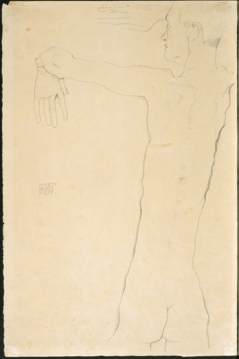 Naken man med upphöjda armar (recto) av Egon Schiele