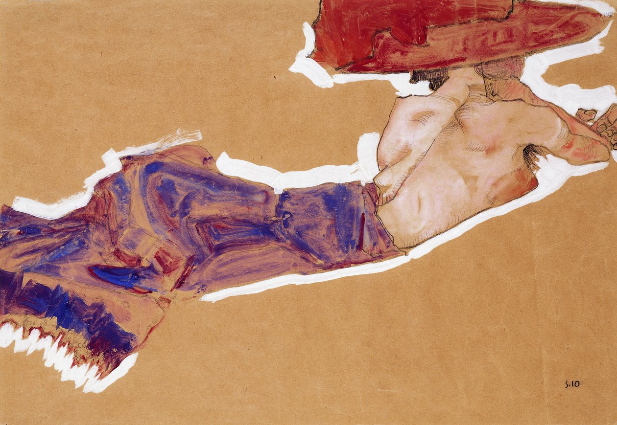 Liggande halvnaken med röd hatt, 1910 av Egon Schiele