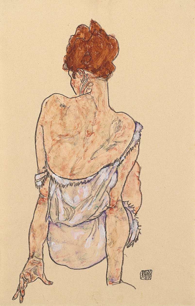 Sittande kvinna i underkläder, bakifrån, 1917 av Egon Schiele