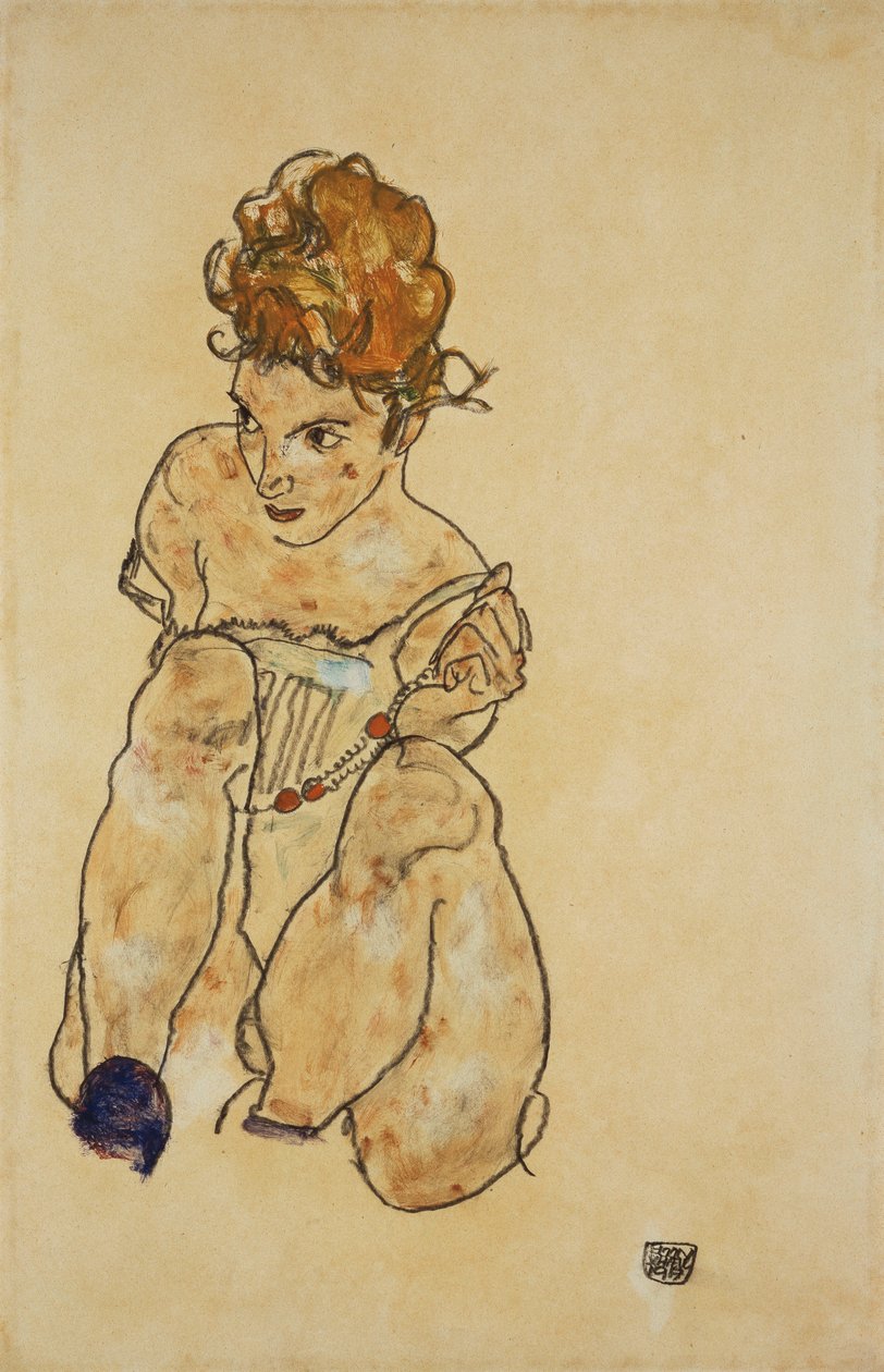 Sittande flicka i underkläder, 1917 av Egon Schiele