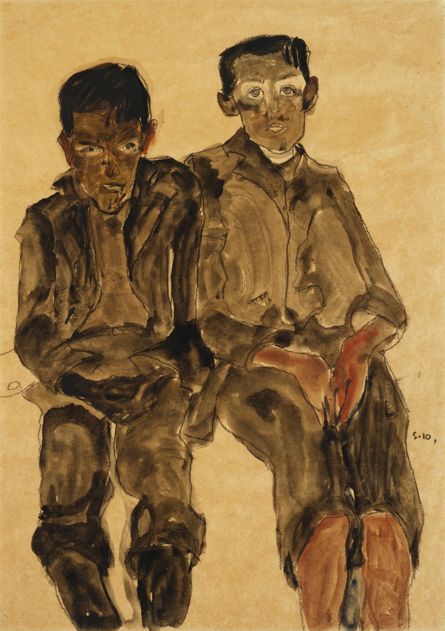 Två sittande pojkar; Två sittande pojkar, 1910 av Egon Schiele