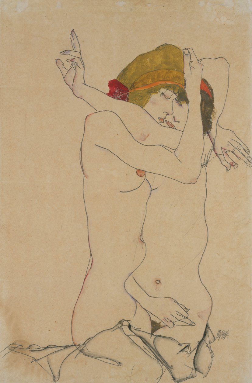 Två kvinnor omfamnar, 1913 av Egon Schiele