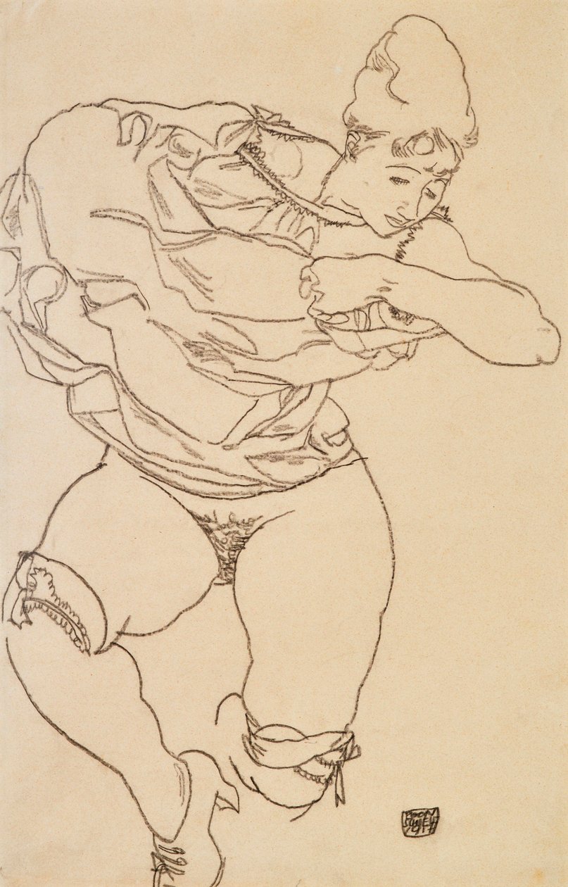 Kvinna som klär av sig, 1917. av Egon Schiele