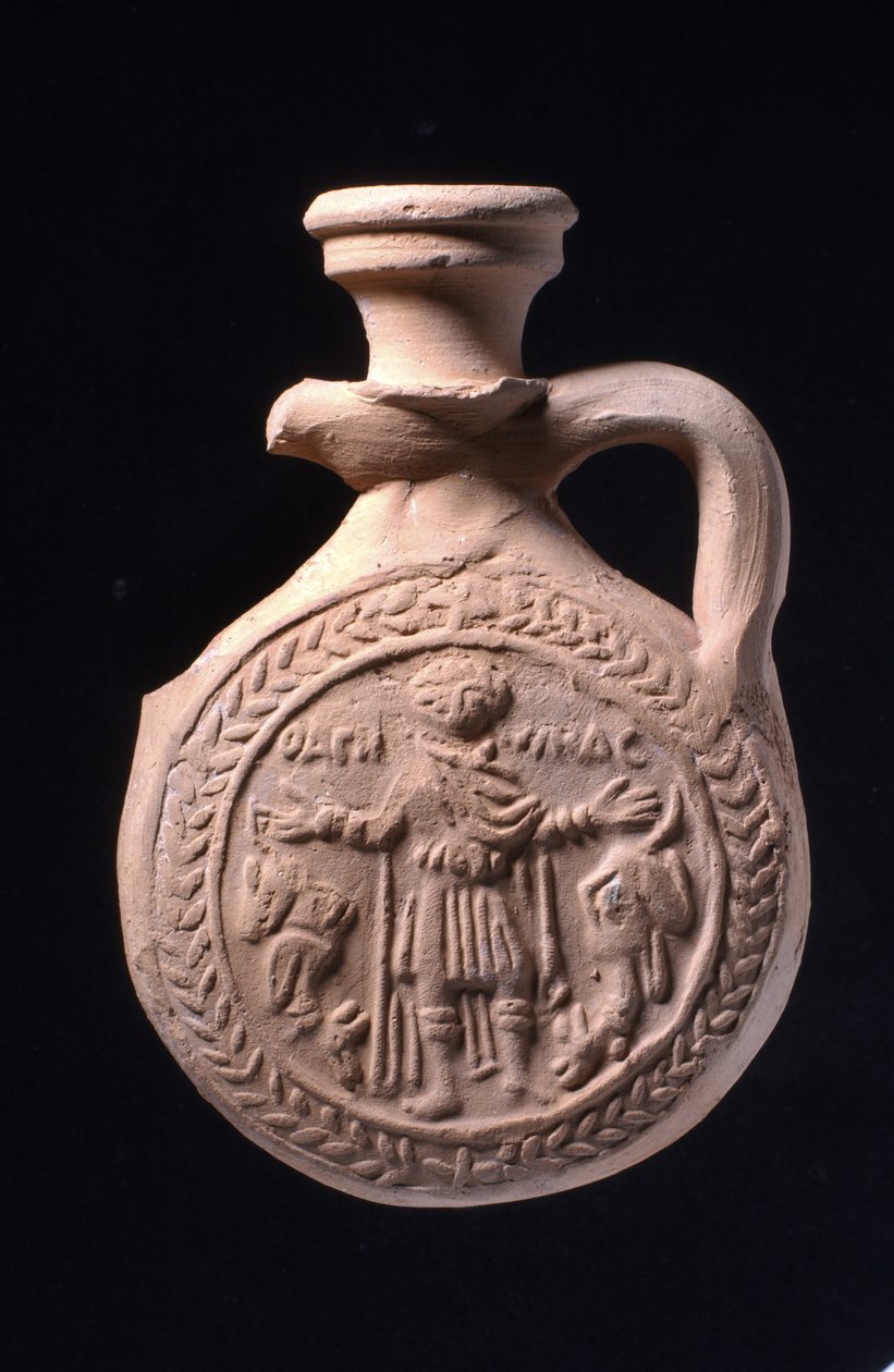 Pilgrimsflaska förknippad med helgedomen St Menas i Abu Mina, c.501-700 (keramik) av Egyptian