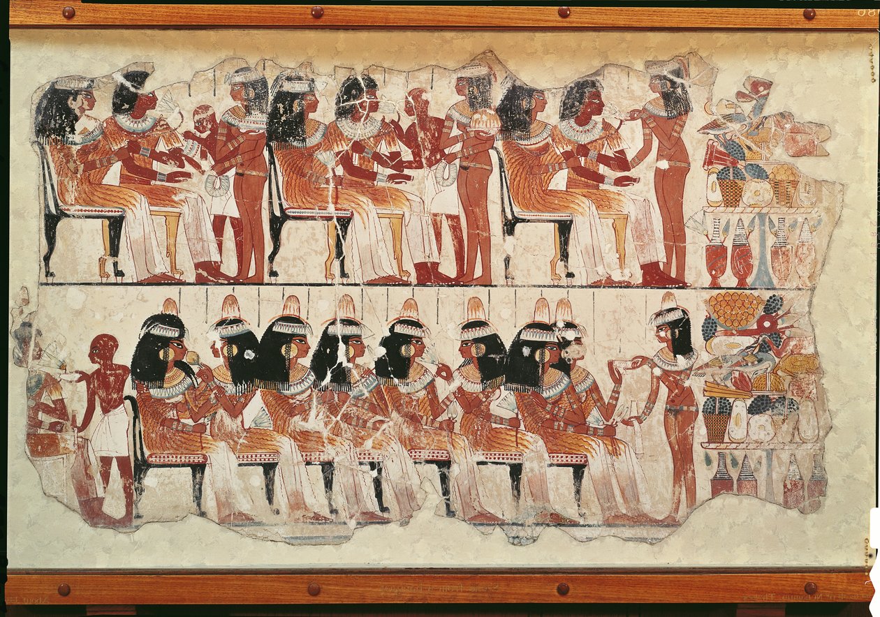 Bankettscen, från Thebe, c.1400 f.Kr. (väggmålning) av Egyptian 18th Dynasty
