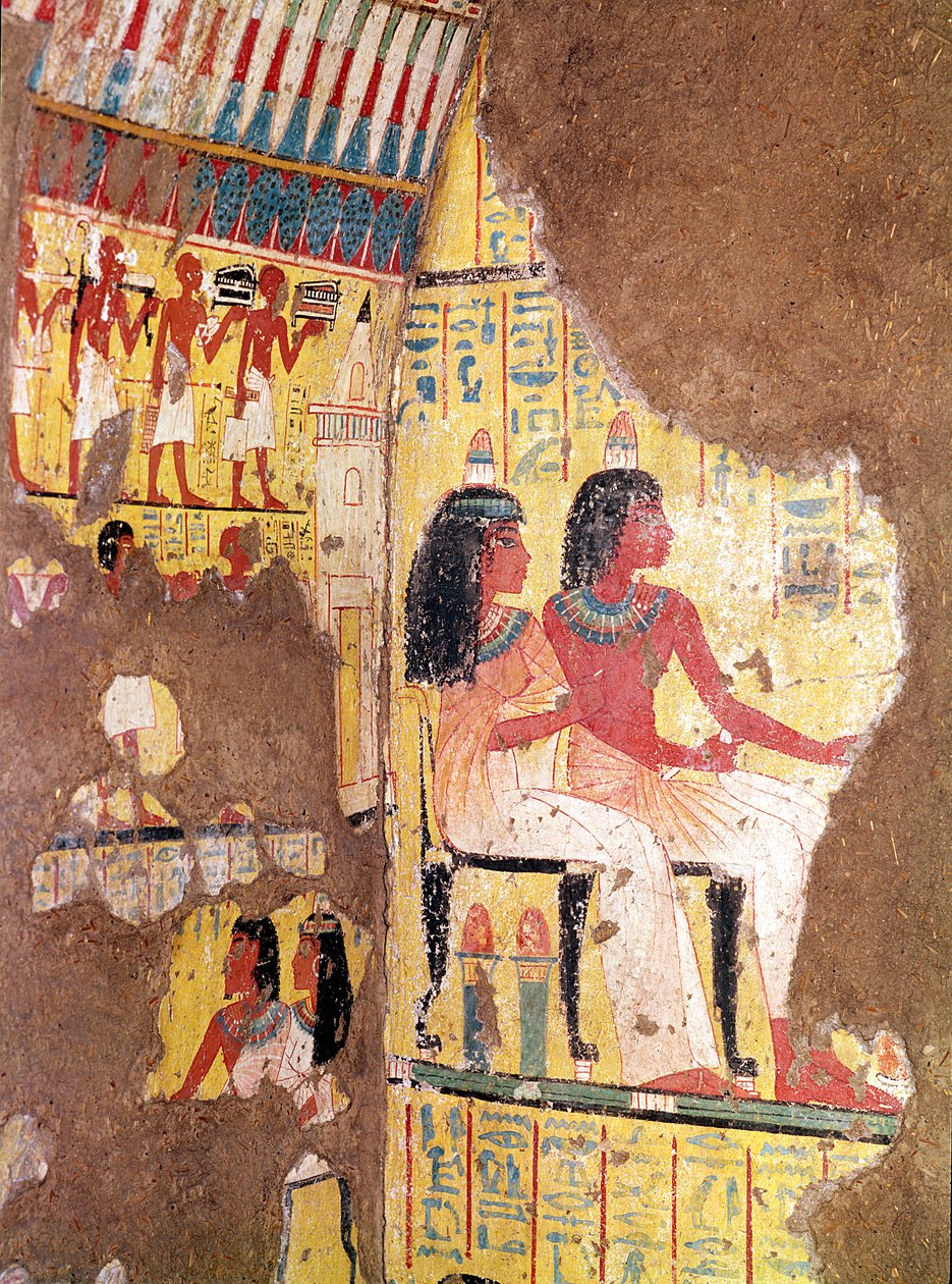Målaren Maie och hans fru satt, från sin grav, rekonstruerad i museet, New Kingdom (målad kalksten) av Egyptian 18th Dynasty