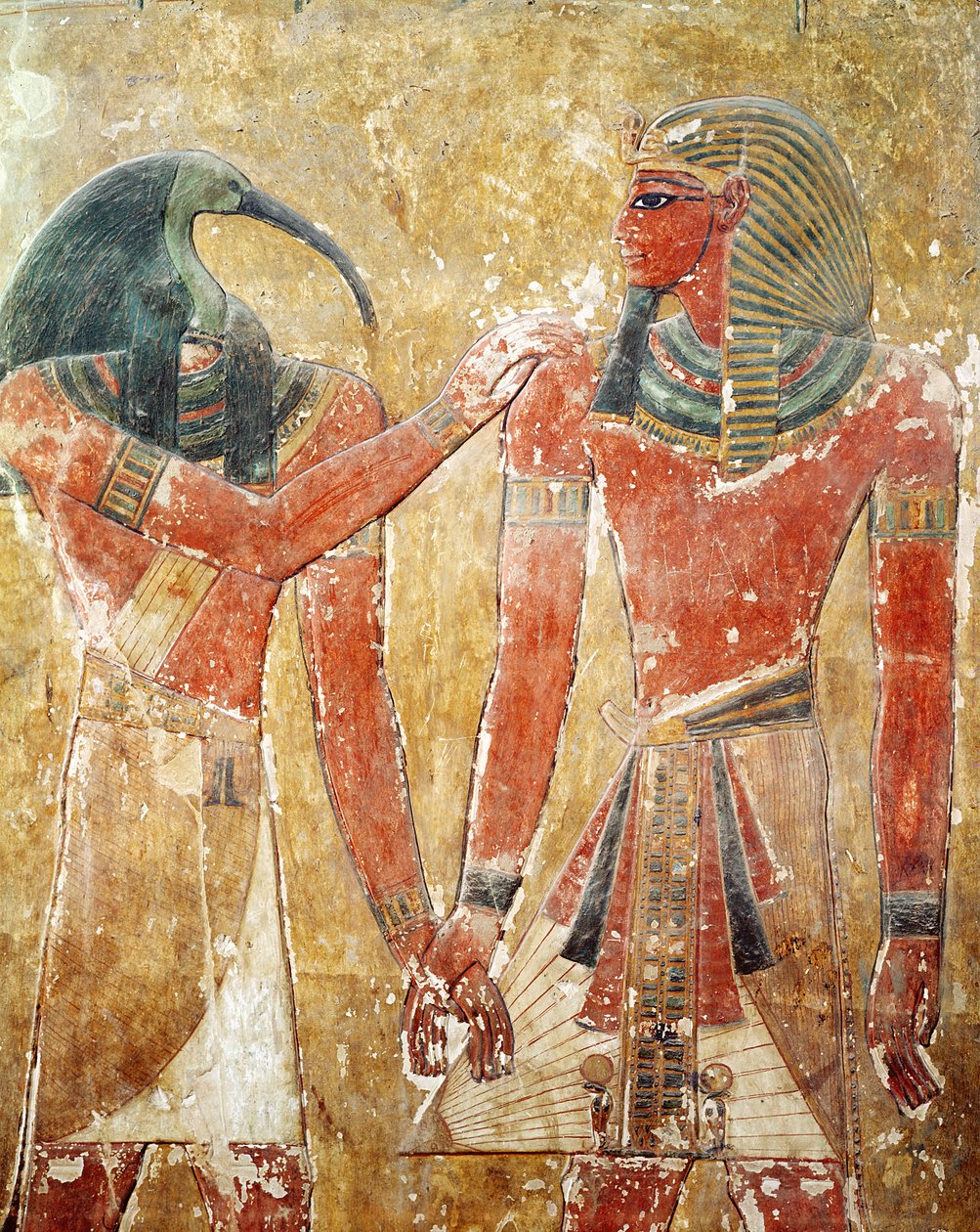 Guden Thoth med Seti I (1394-1279 f.Kr.) i Seti I:s grav, Nya kungariket (målad sten) av Egyptian 19th Dynasty