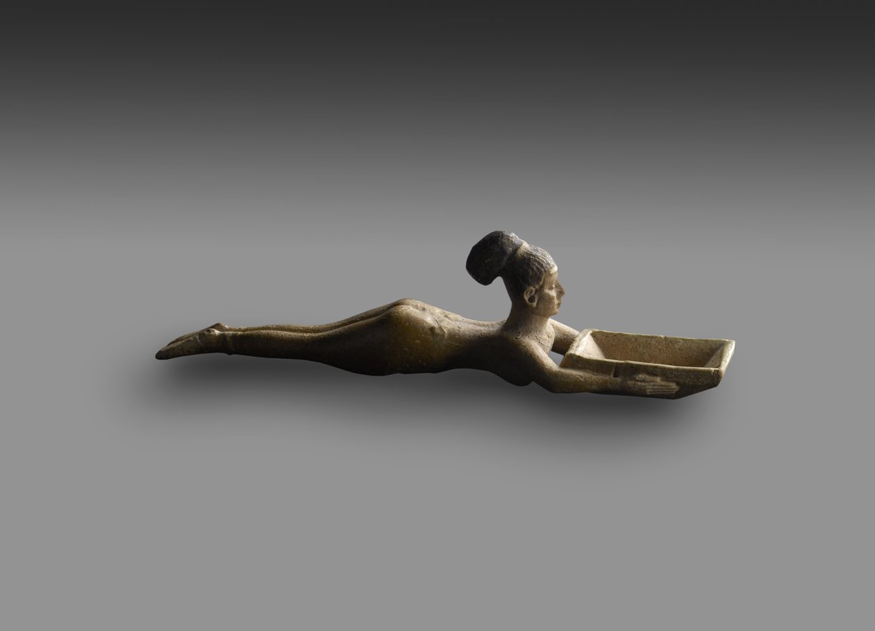 Kosmetisk sked i form av en simmande flicka, från en grav i Sanam, Nubien, sen tid, ca 747-702 f.Kr. (fajansglaserat lergods). av Egyptian 25th Dynasty