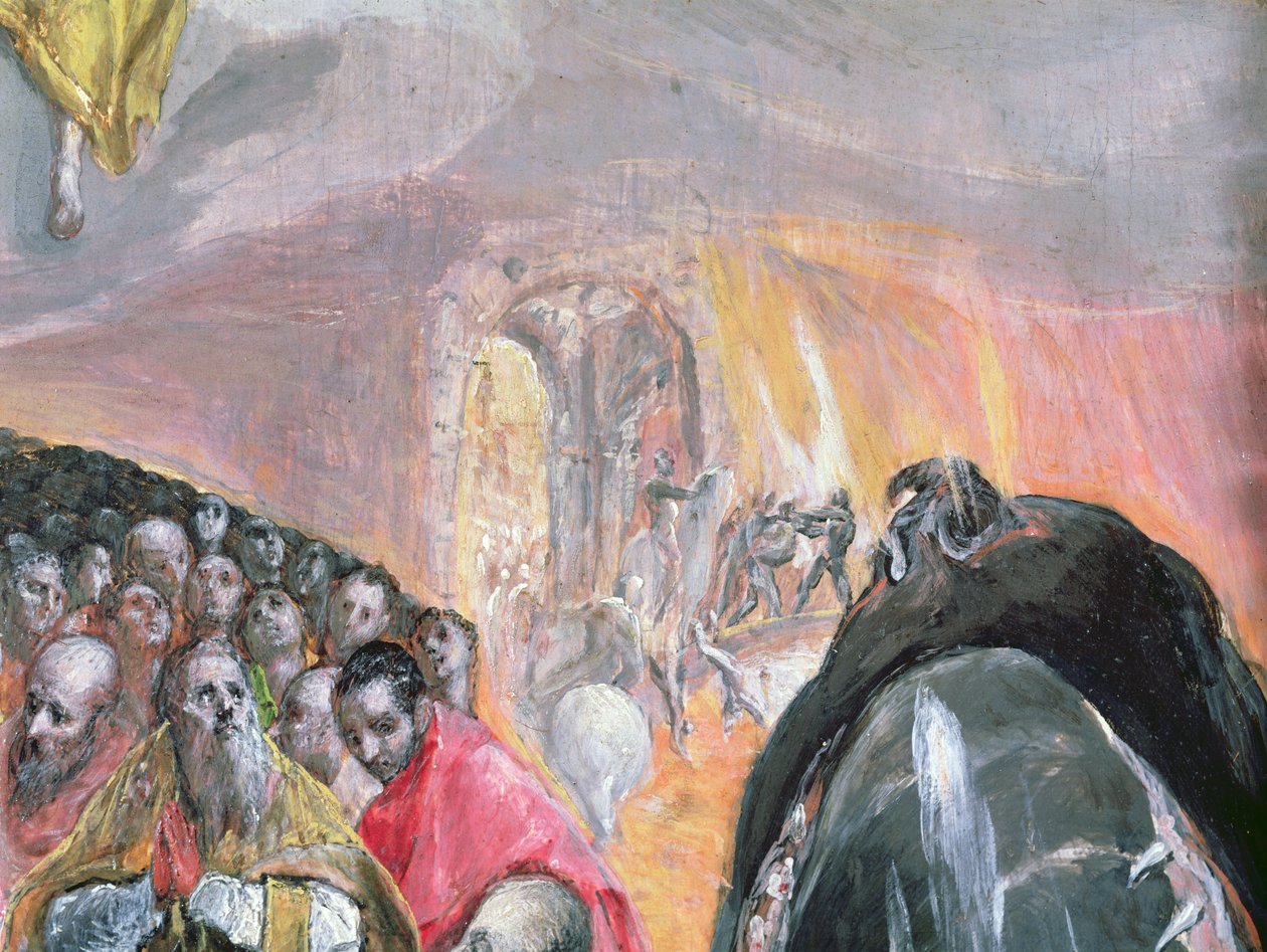 Tillbedjan av Jesu namn, ca 1578 (olja och tempera på trä) (detalj av 99408) av El Greco