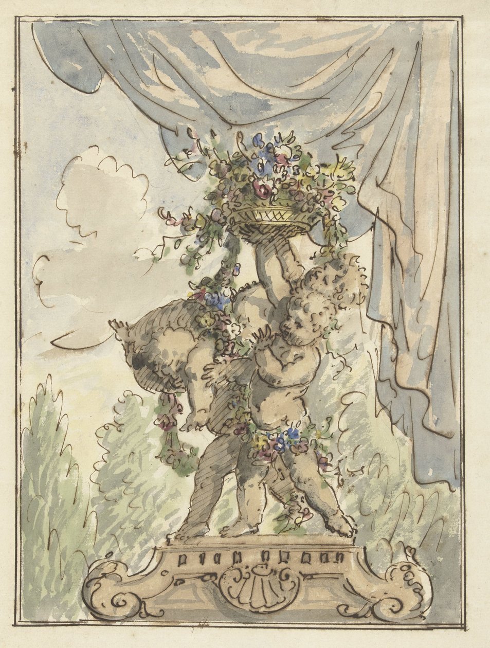 Tre putti med en blomkorg av Elias van Nijmegen