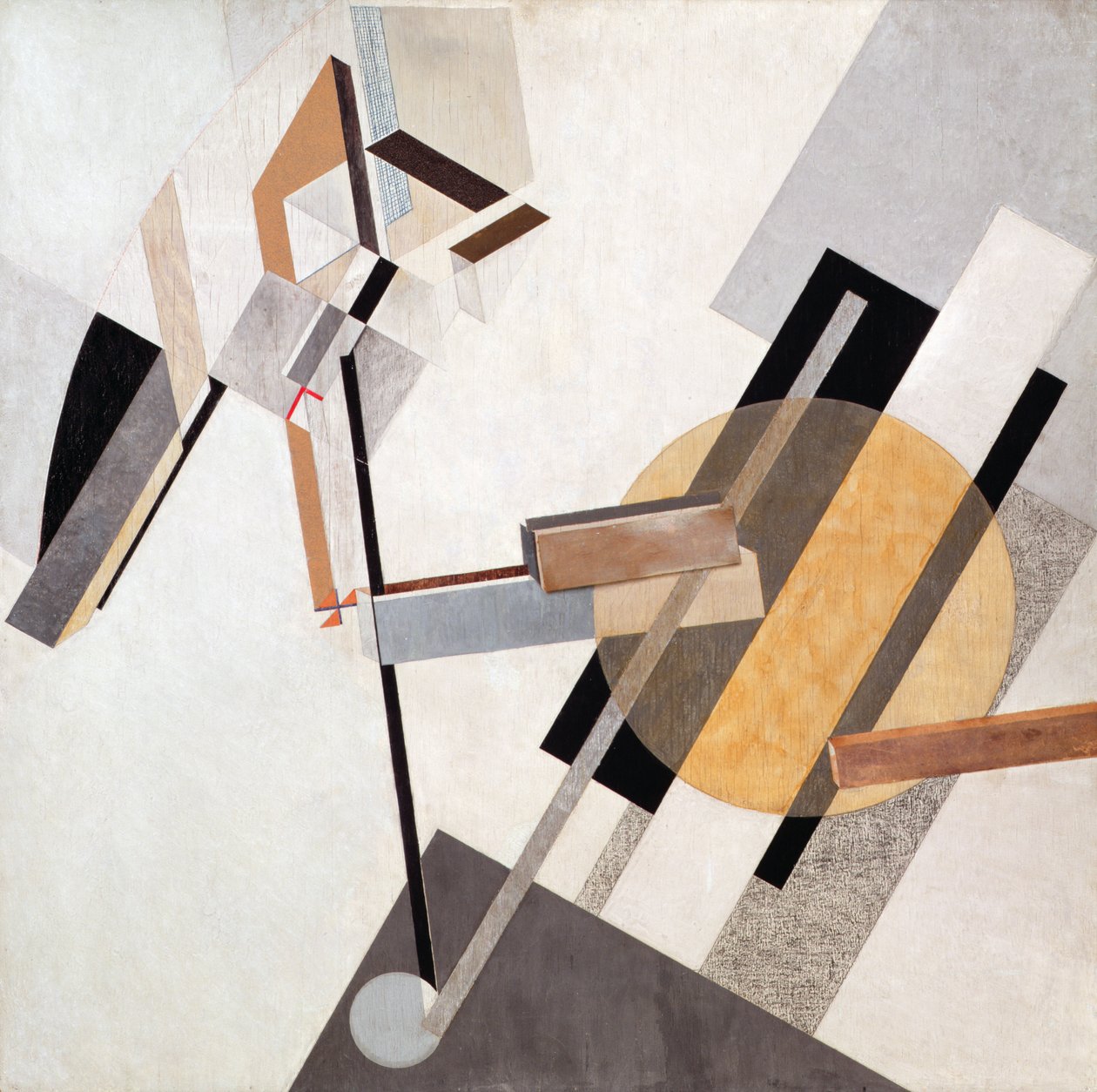 Proun-19-D, 1920 (Gesso, olja, lack, krita, färgat papper, sandpapper, ritpapper, kartong, metallfärg och metallfolie på plywood) av Eliezer Markowich Lissitzky