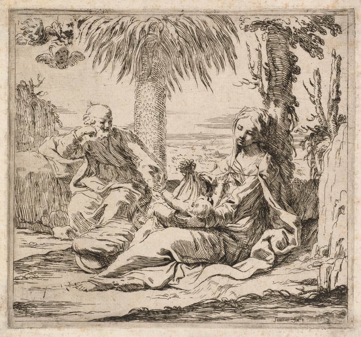 Vila på flykten till Egypten. av Elisabetta Sirani