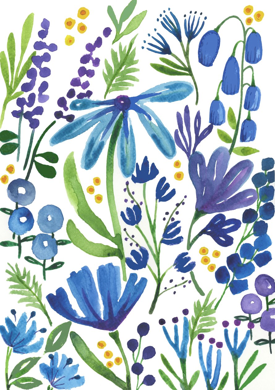 Blå blommor, 2018 (akvarell) av Elizabeth Rider