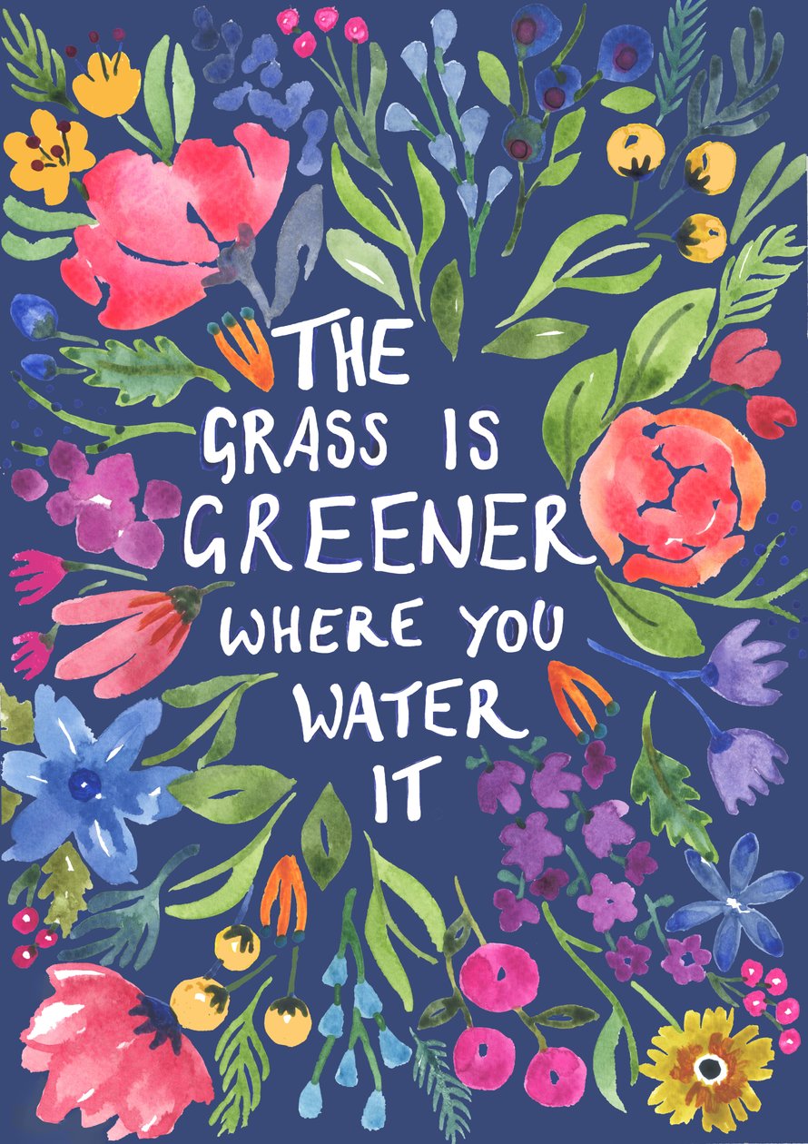 Greener Grass (blå bakgrund), 2018 (akvarell) av Elizabeth Rider