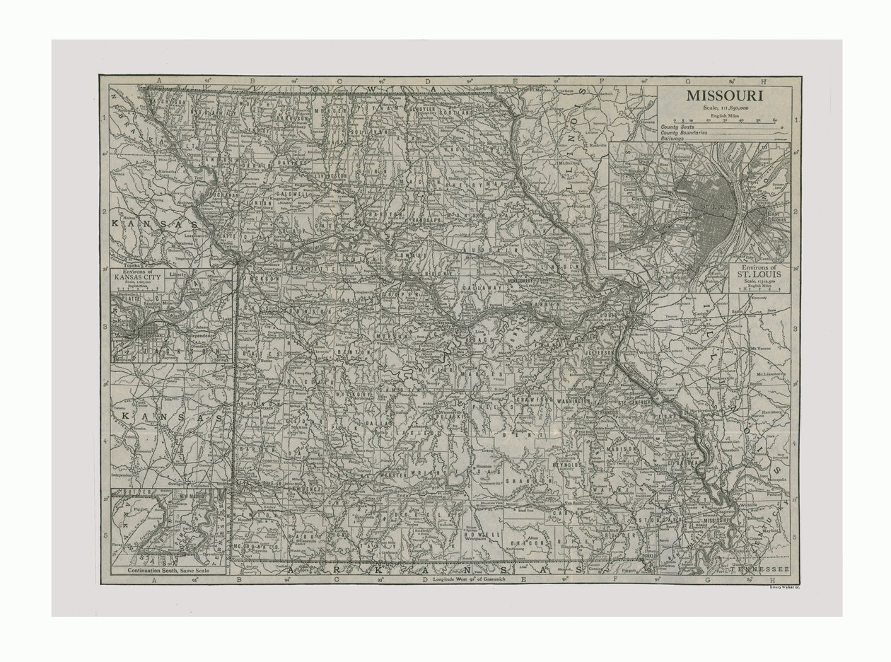 Karta över Missouri, USA, c1900-talet. av Emery Walker
